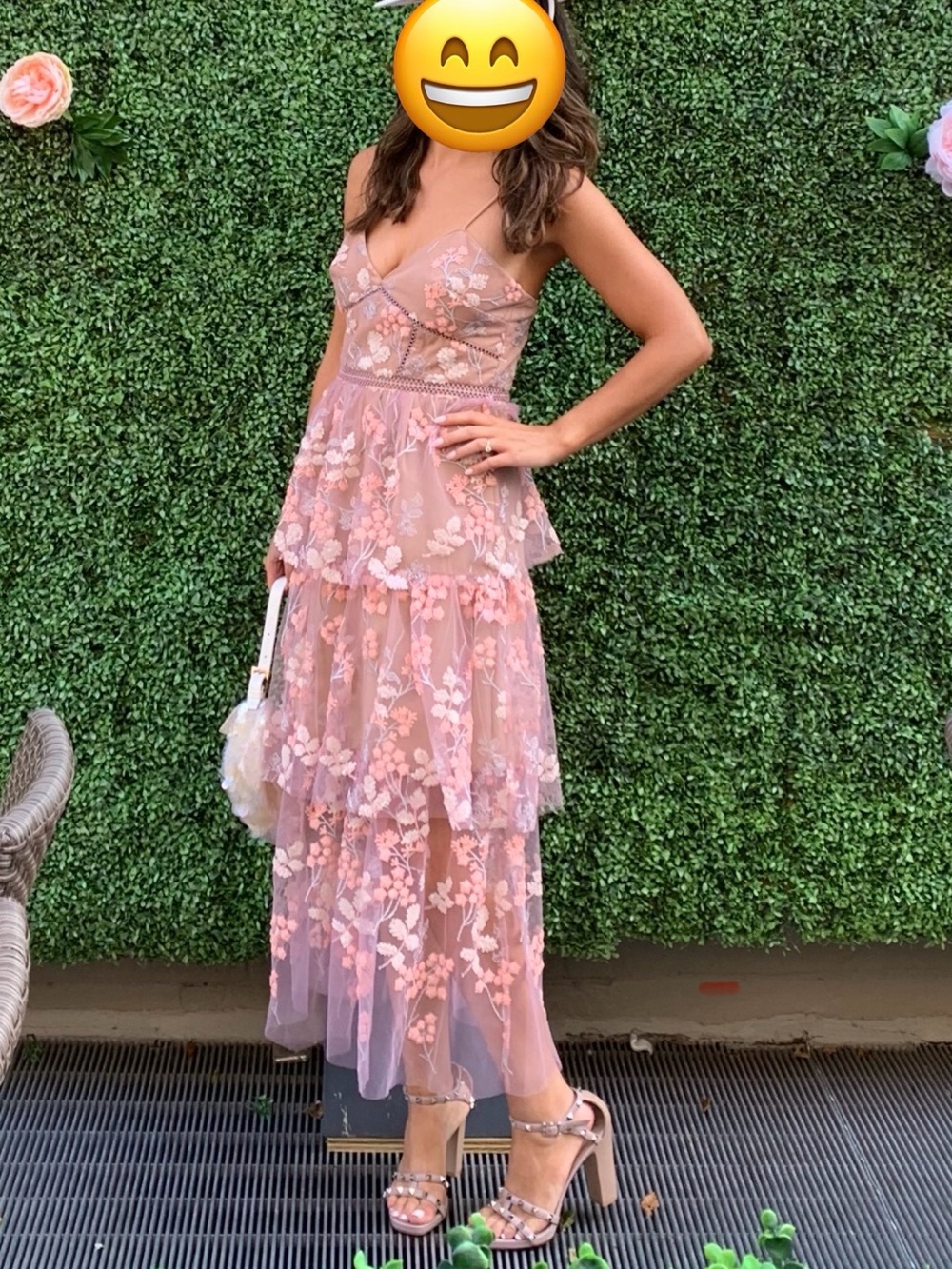 Self-Portrait Rose Pink Floral Appliqué Tiered Midi Dress